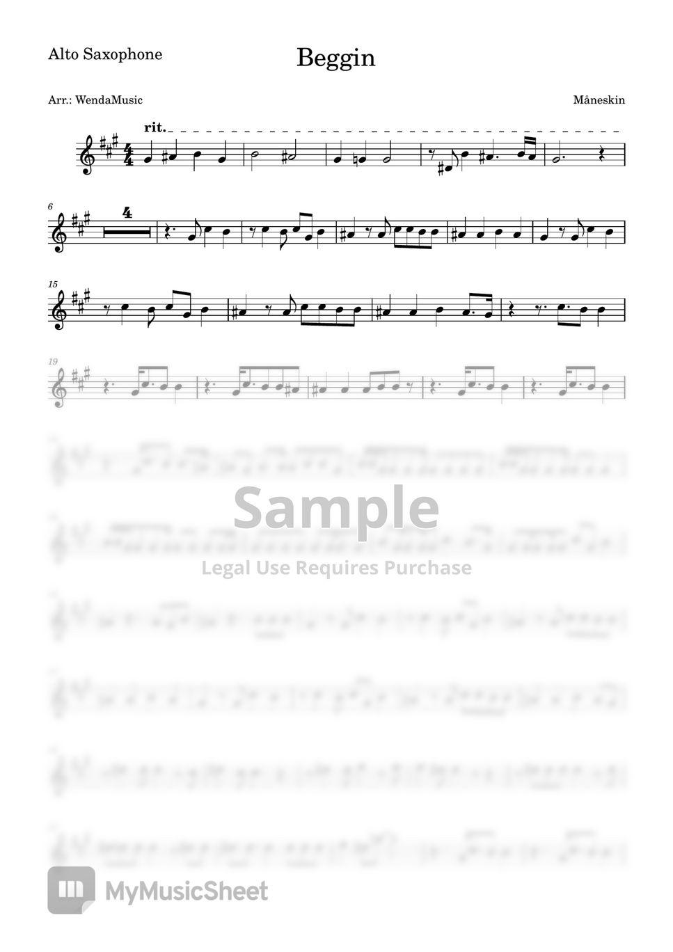 Maneskin - Beggin (Alto Sax) Sheets by WendaMusic