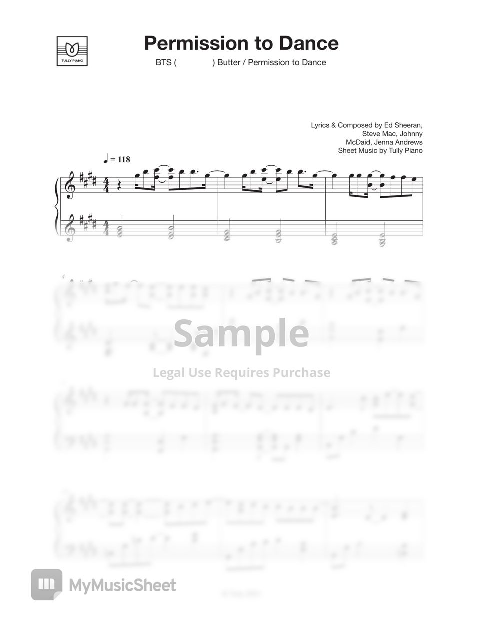 BTS(방탄소년단) - Permission to Dance (2 Sheets) by Tully Piano