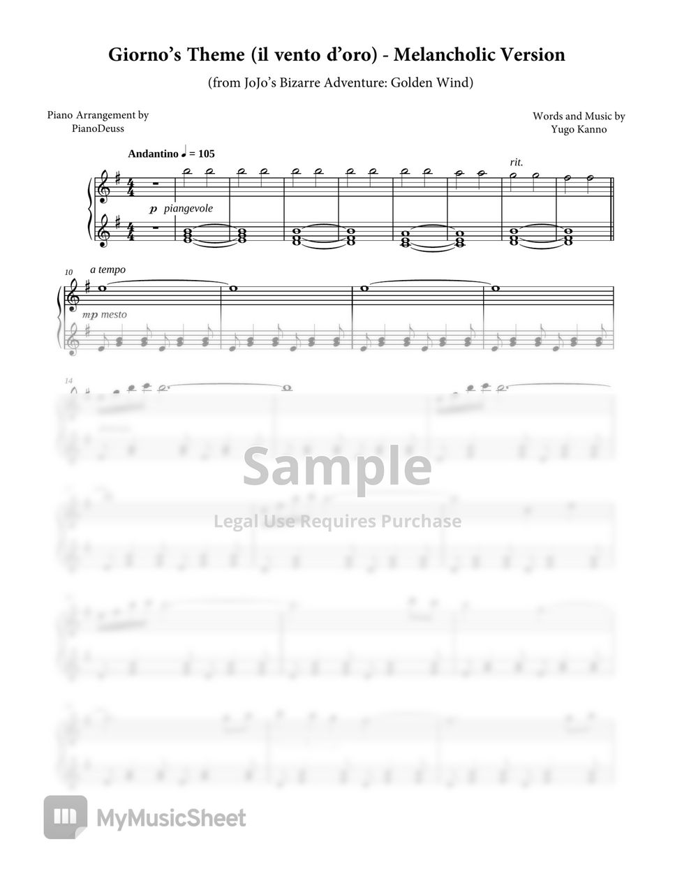 Jojo s Bizarre Adventure Golden Wind Giorno's Theme Ver 2 Sheet music for  Piano (Solo)