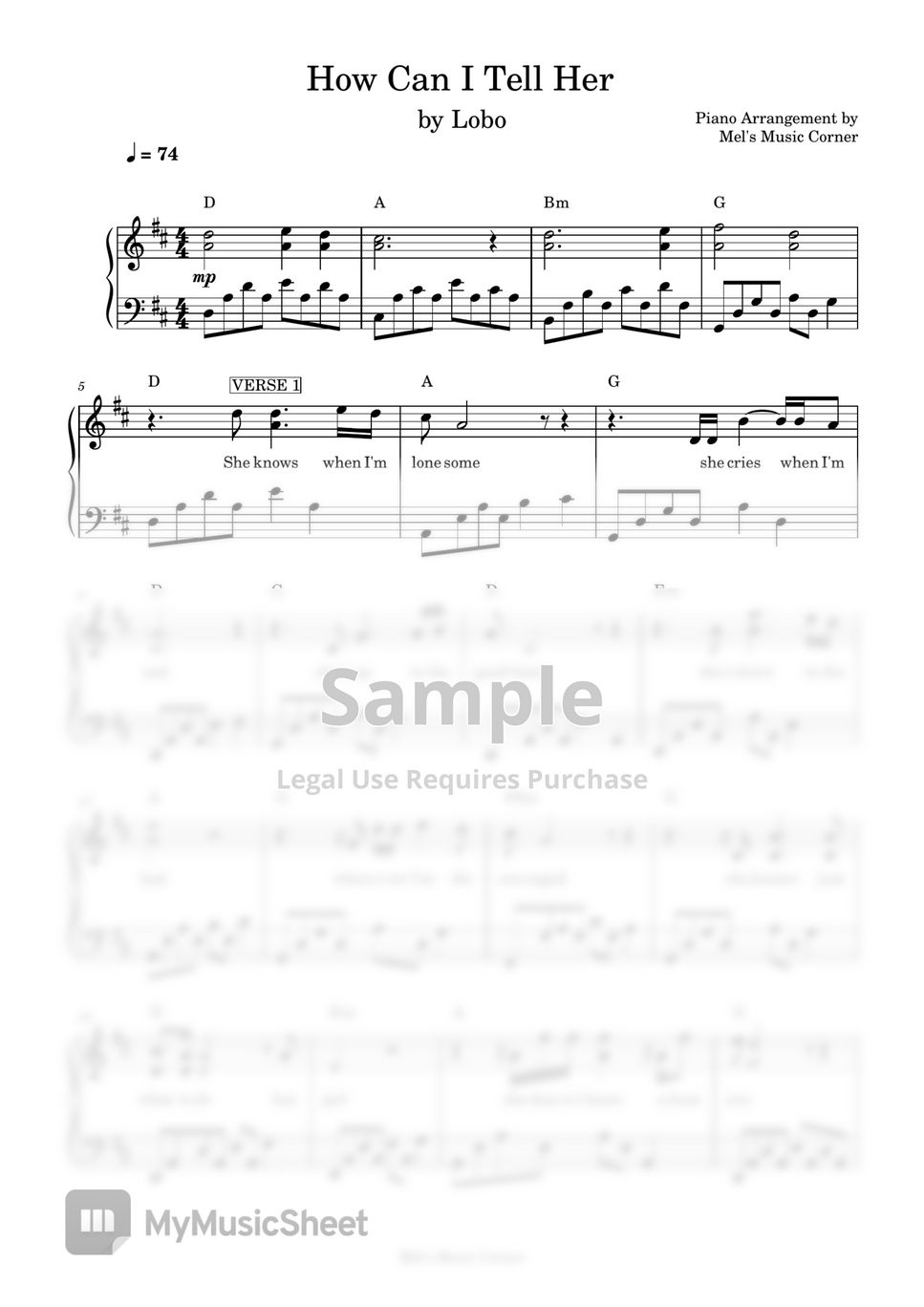 Lobo How Can I Tell Her Piano Sheet Music Sheets By Mels Music Corner 
