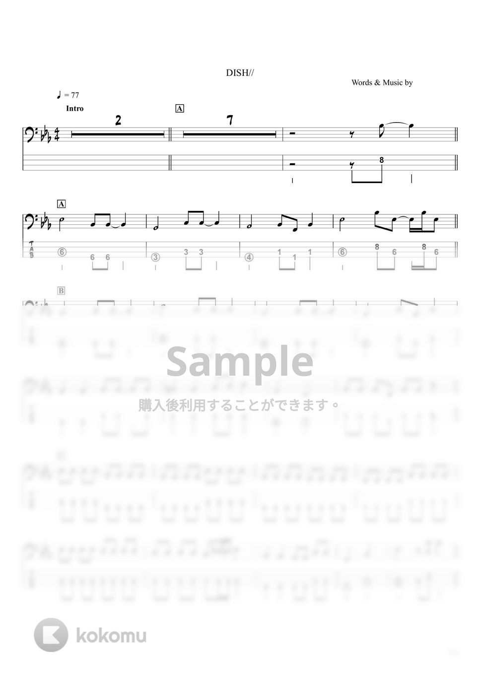 DISH// - 【猫】DISH//『ベースTAB譜』☆4弦ベース対応 by swbass