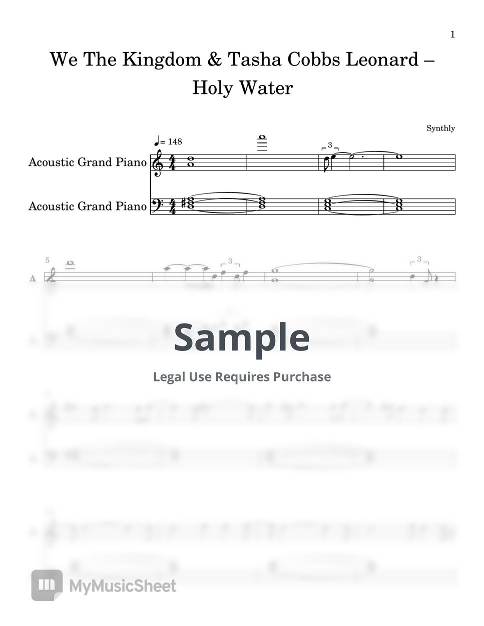 We The Kingdom ft Tasha Cobbs - Holy Water (EASY PIANO SHEET) by Synthly