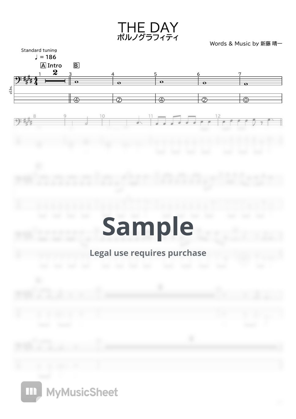 ポルノグラフィティPorno Graffitti - THE DAY TAB+1 Staff by たぶべー＠財布に優しいベース楽譜屋さん（BASS・ TAB譜）
