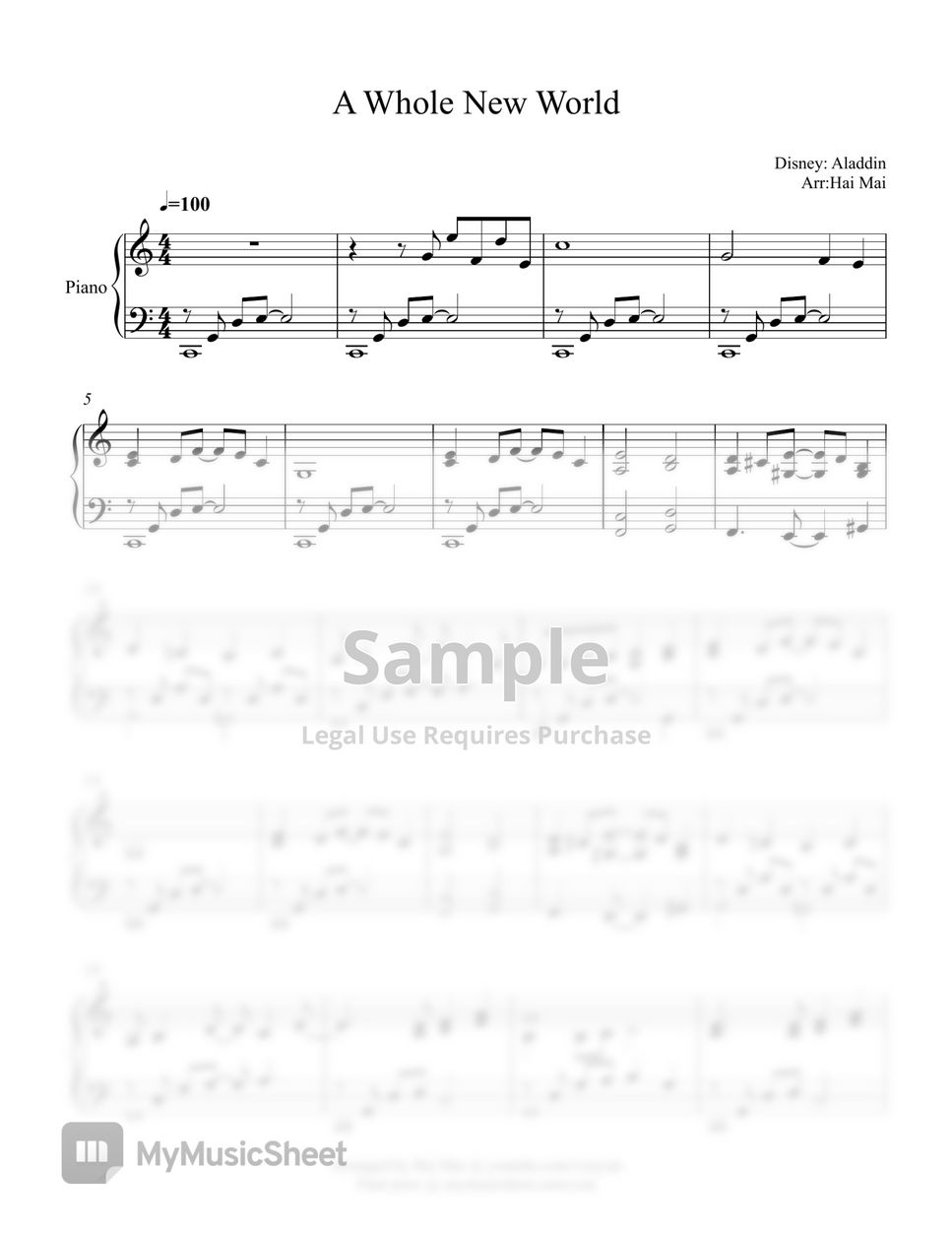 Disney Aladdin - A Whole New World(C Major) (Easy Piano) by Hai Mai