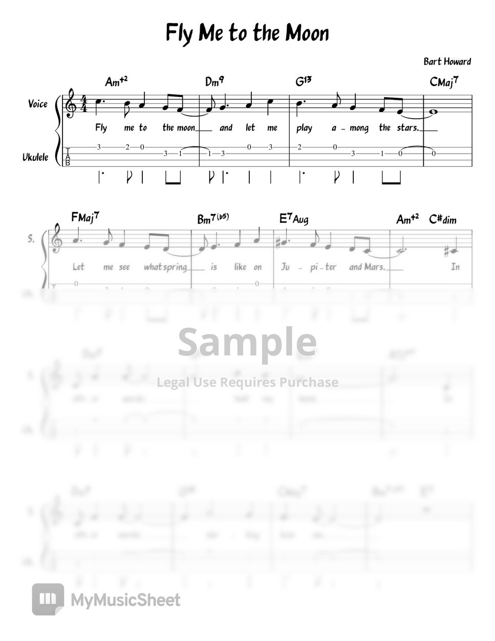 Bart Howard - Fly Me to the Moon in Key C (Chord/Melody/Lyrics/Ukulele Tab) (Uke Lead Sheet) by ukulelewenwen