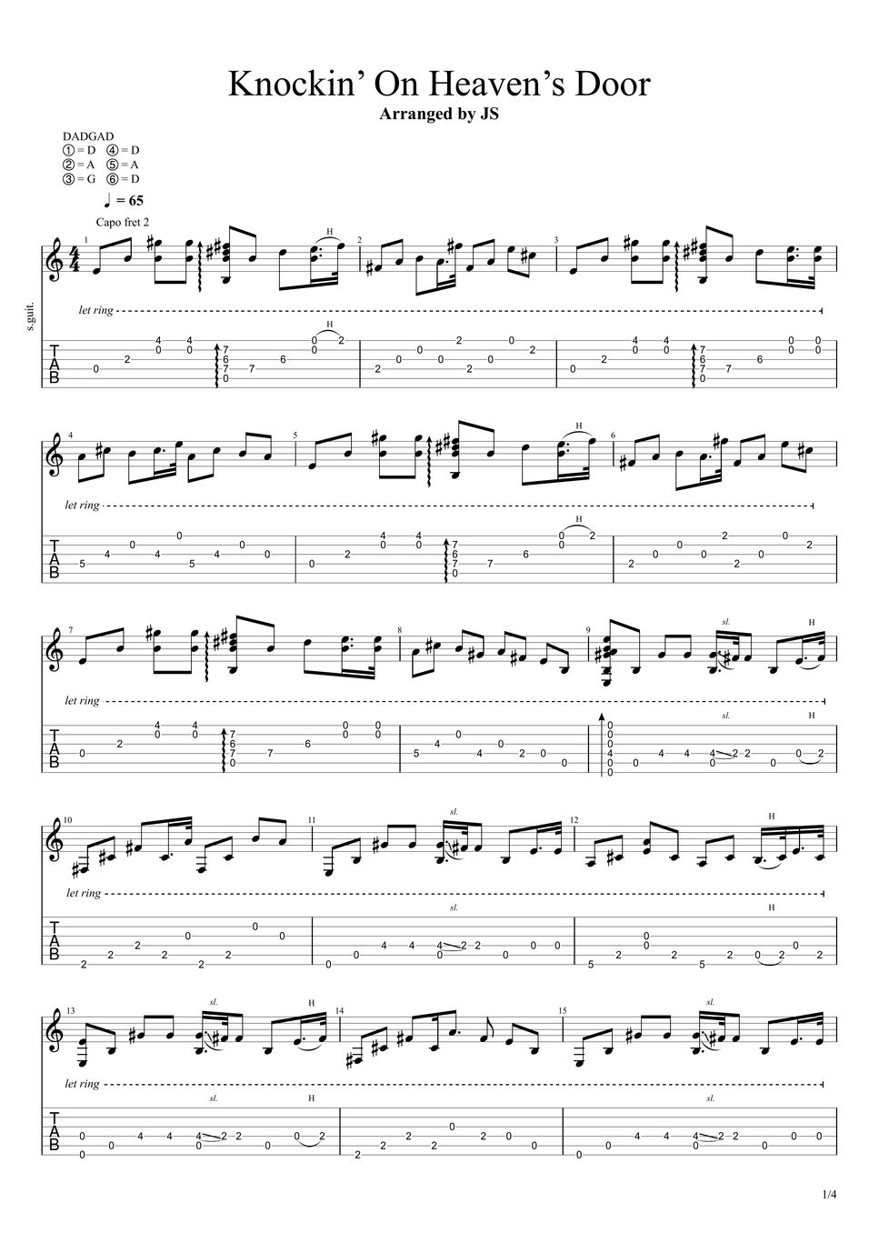 Bob dylan knockin on heaven s door tab 1staff by js wave