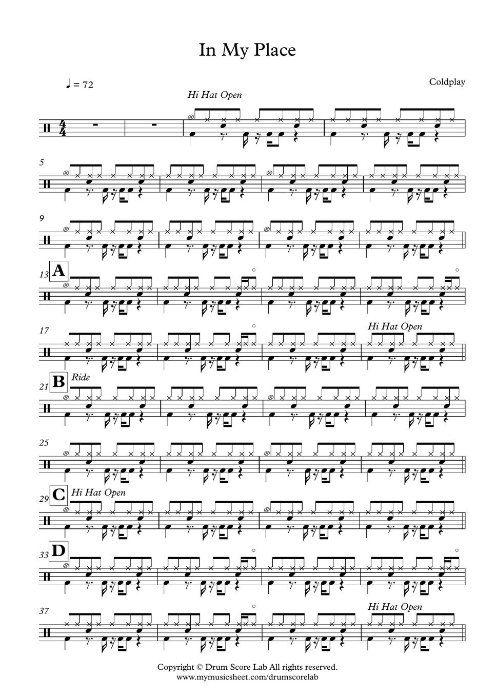 Coldplay In My Place 악보 by drumscorelab