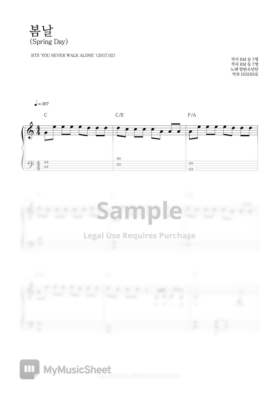 BTS 'Spring Day' Easy Piano Sheet Music