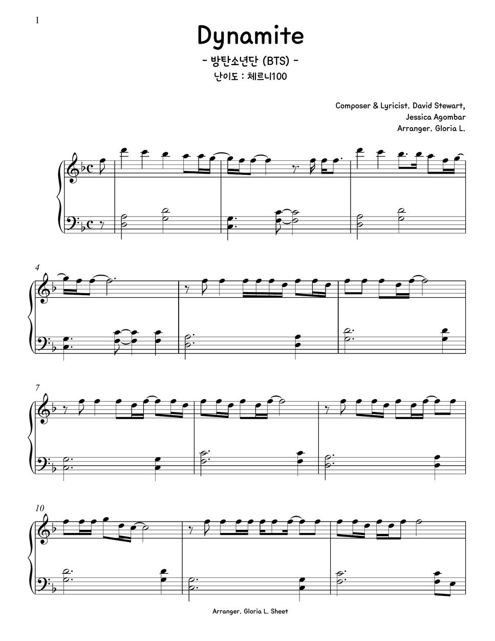 방탄소년단 (BTS) Dynamite (Easy transpose) Partitura by Gloria