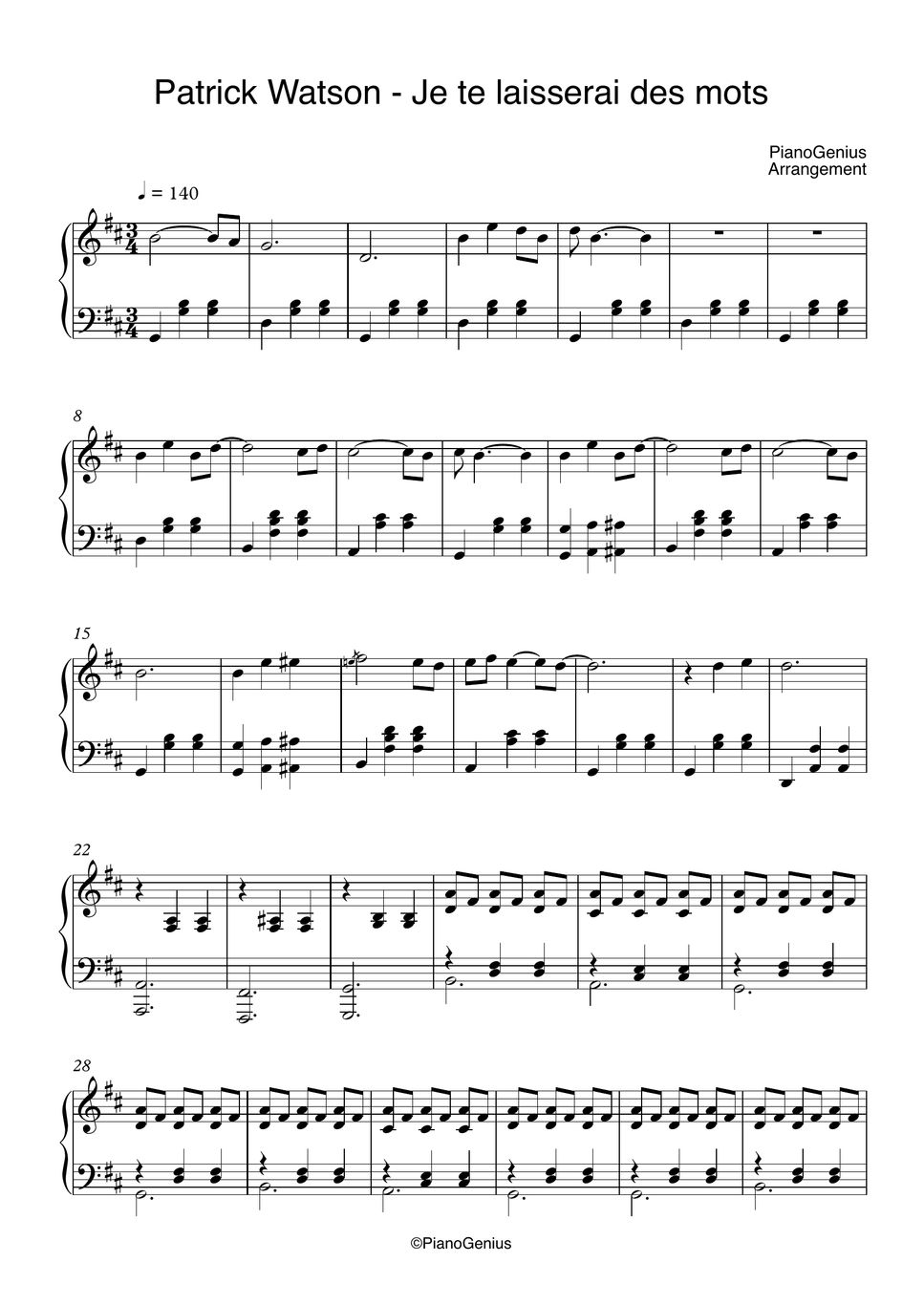 Patrick Watson Je te laisserai des mots 악보 by PianoGenius