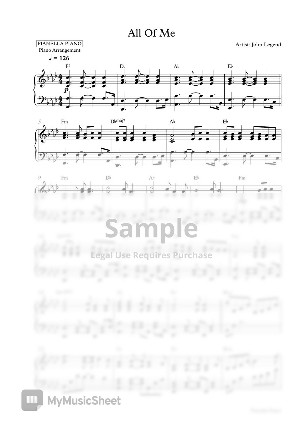 John Legend - All Of Me (Piano Sheet) Sheets By Pianella Piano