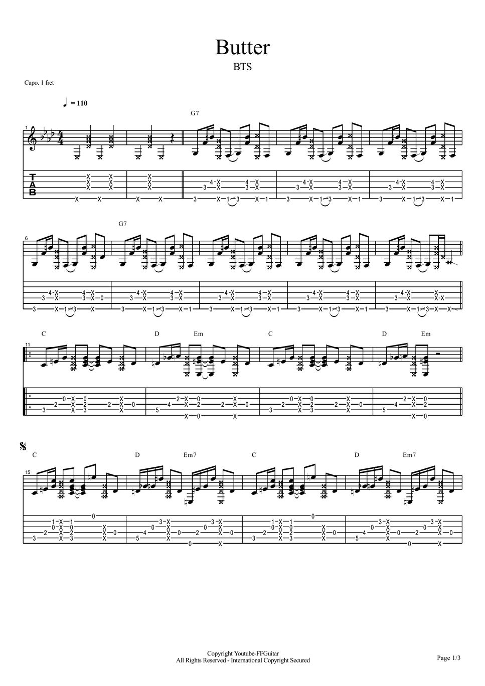 BTS Butter Guitar Cover Sheets by FFGuitar