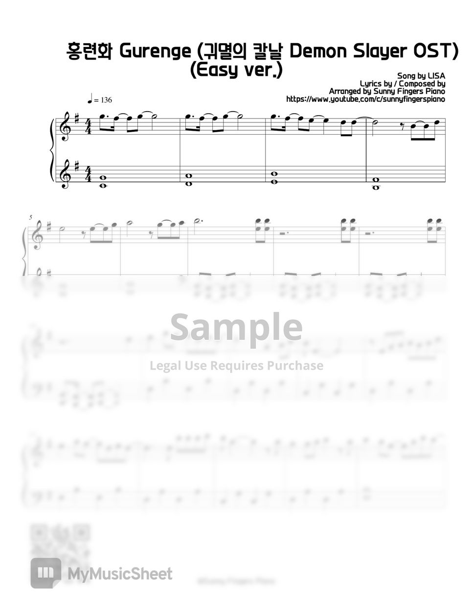 LISA - Gurenge  紅蓮華 -  Demon Slayer 鬼滅の刃Opening Theme (Easy) by Sunny Fingers Piano