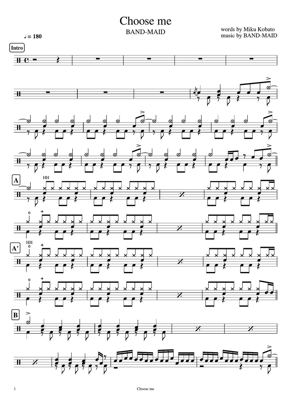 BANDMAID Choose me Partitura by Cookai's Jpop Drum sheet music!!!