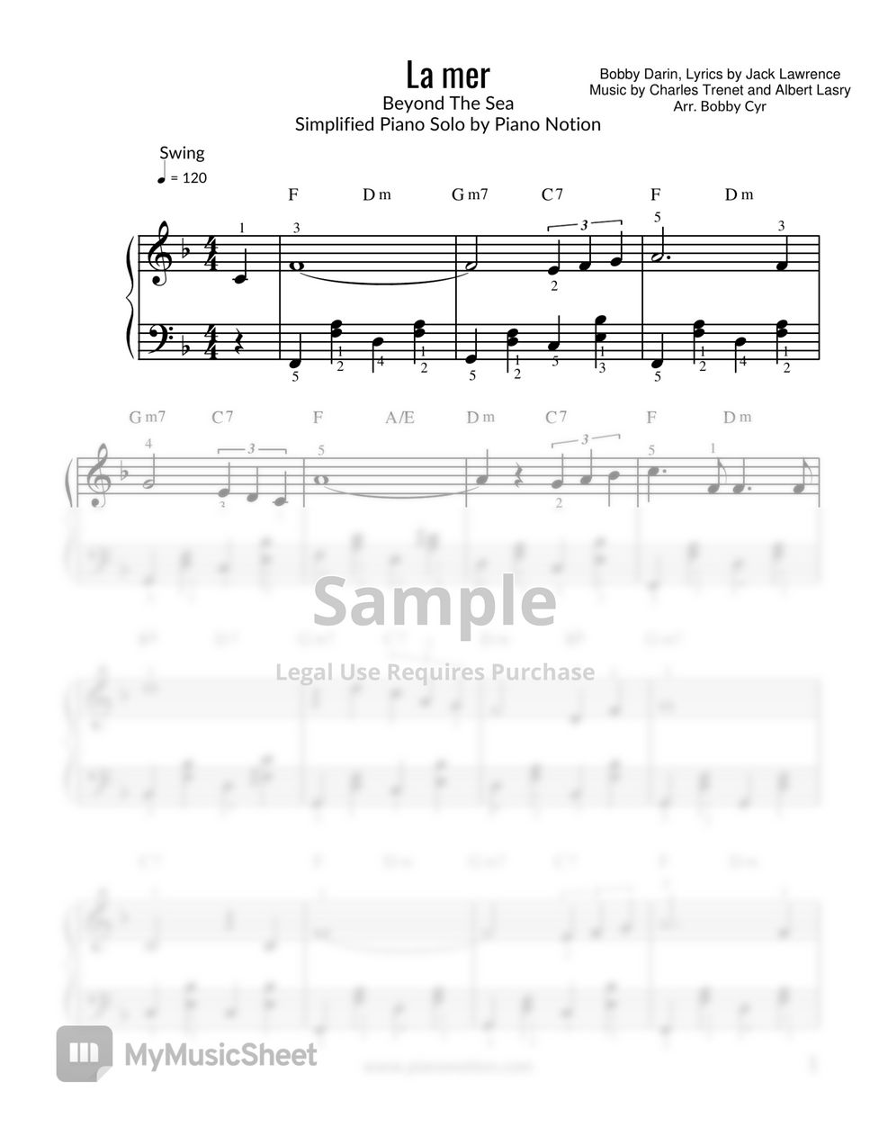 Bobby Darin Beyond The Sea La mer (Piano Solo) 악보 by Piano Notion