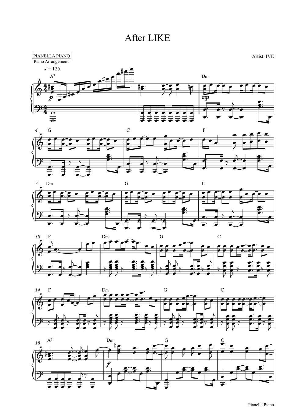 IVE After LIKE (Piano Sheet) 악보 by Pianella Piano