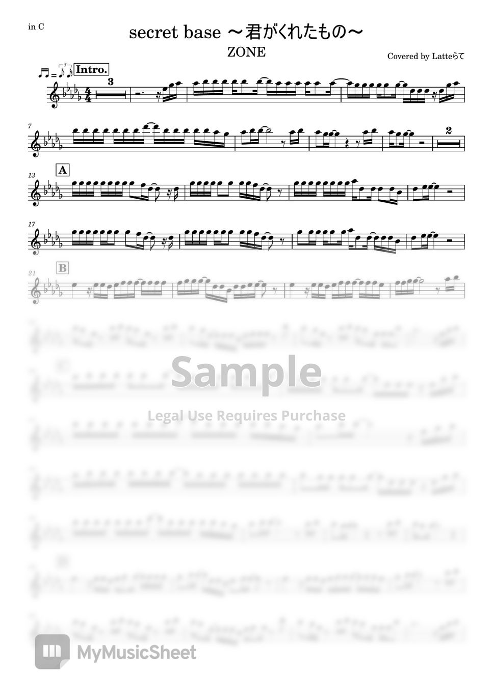 ZONE secret base ～君がくれたもの～ (『あの日見た花の名前を僕達はまだ知らない。』 ED) 악보 by Latteらて