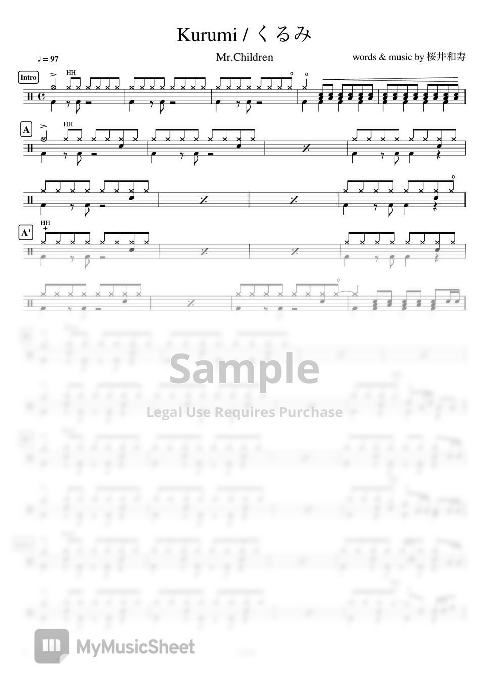 Mr.Children - Kurumi / くるみ by Cookai's J-pop Drum sheet music!!!