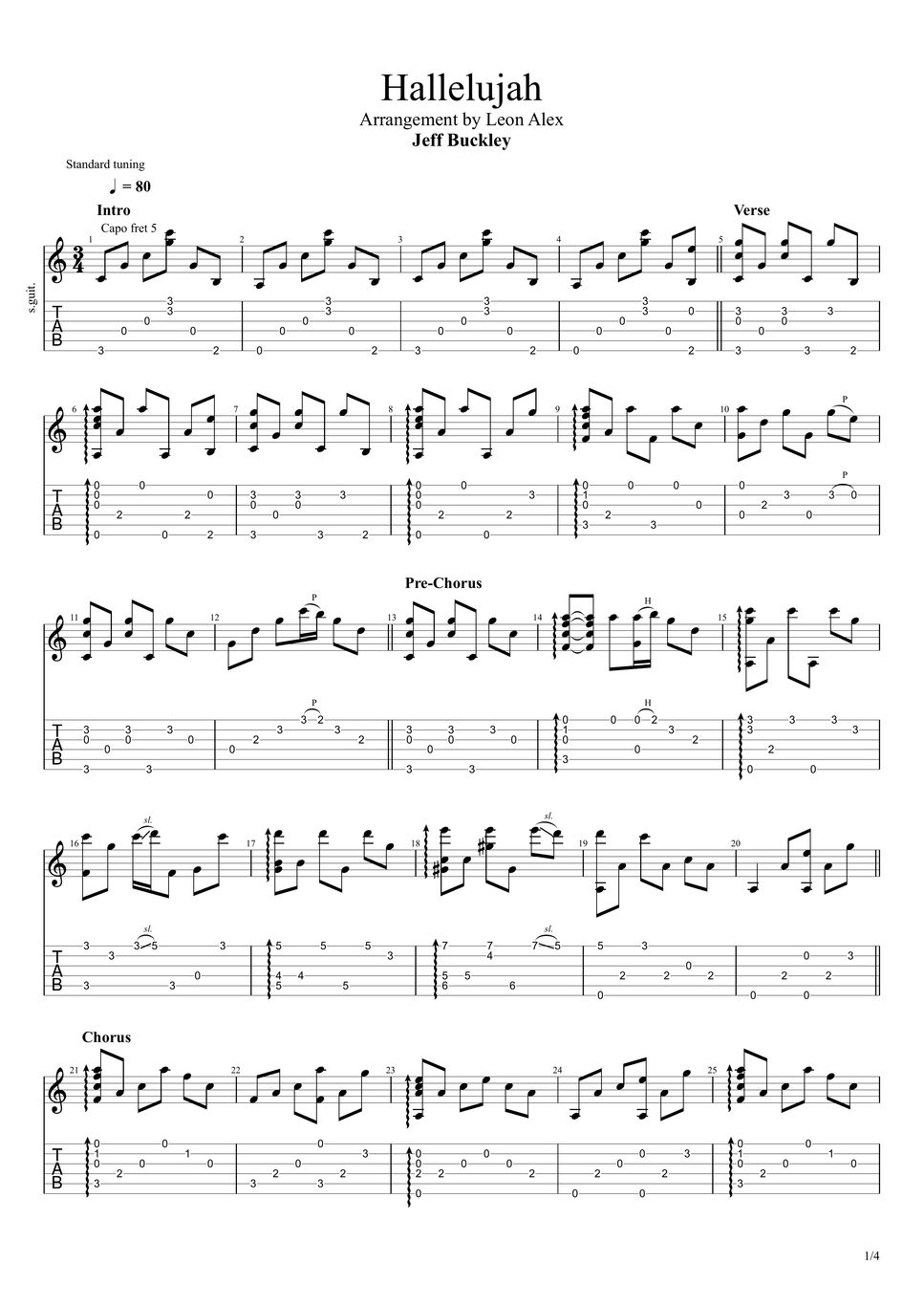 Jeff Buckley Hallelujah (Fingerstyle) Tab + 1staff by Leon Alex