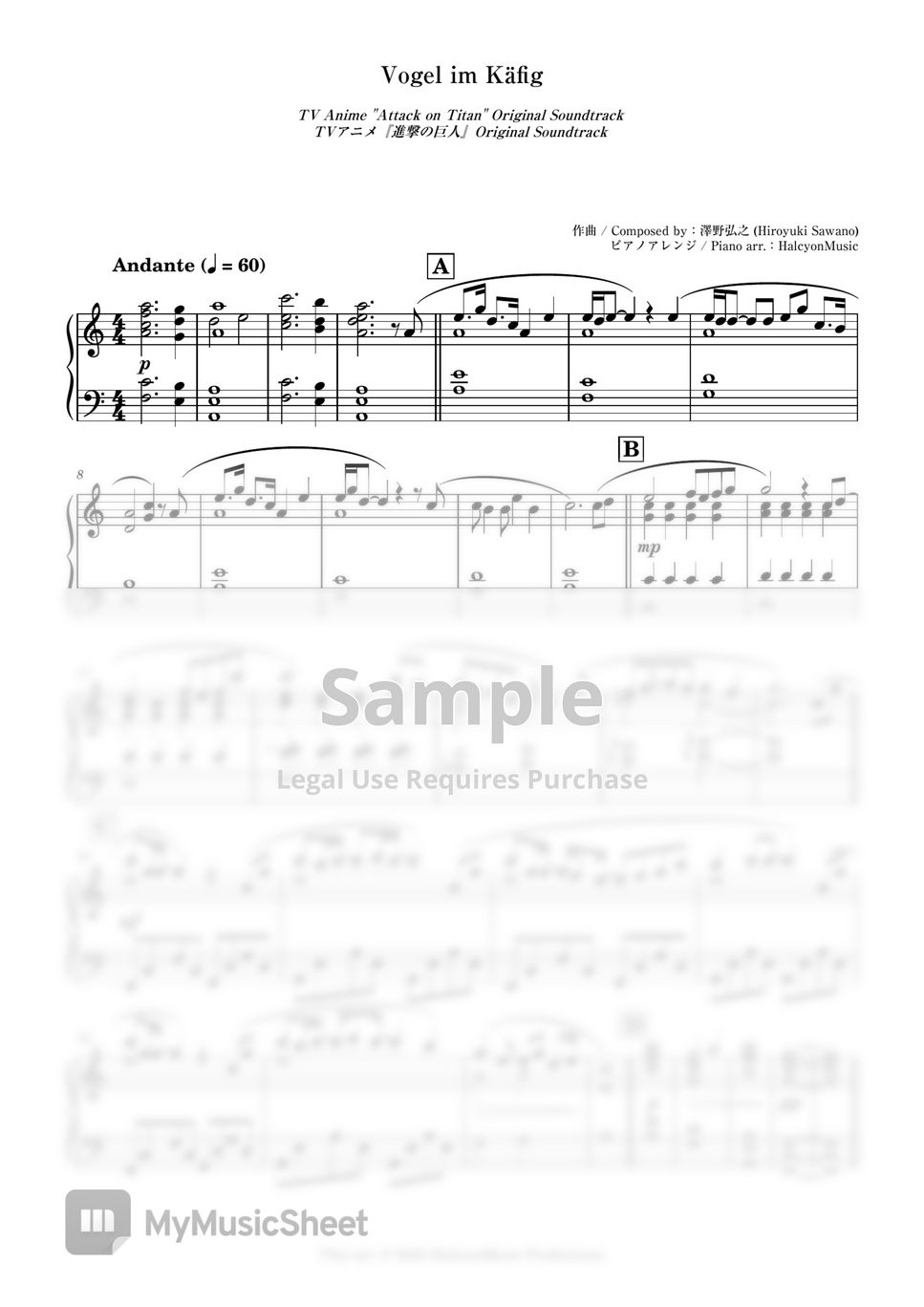 Hiroyuki Sawano - Vogel im Kafig (Attack on Titan OST) Sheets by ...