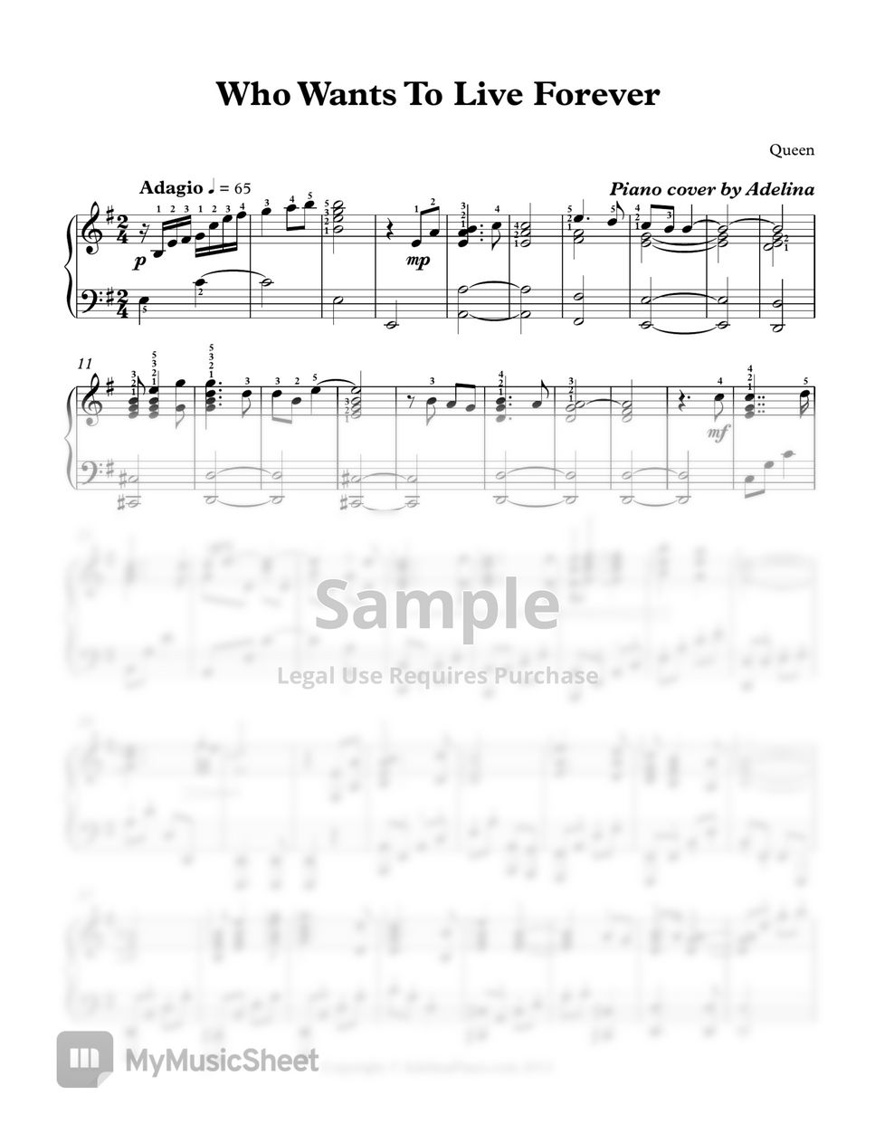 Queen - Who Wants To Live Forever 악보 by Adelina Piano