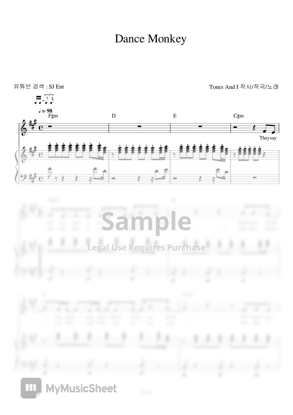 Tones And I Dance Monkey (3단/원키/Fm) Sheets by 김리나