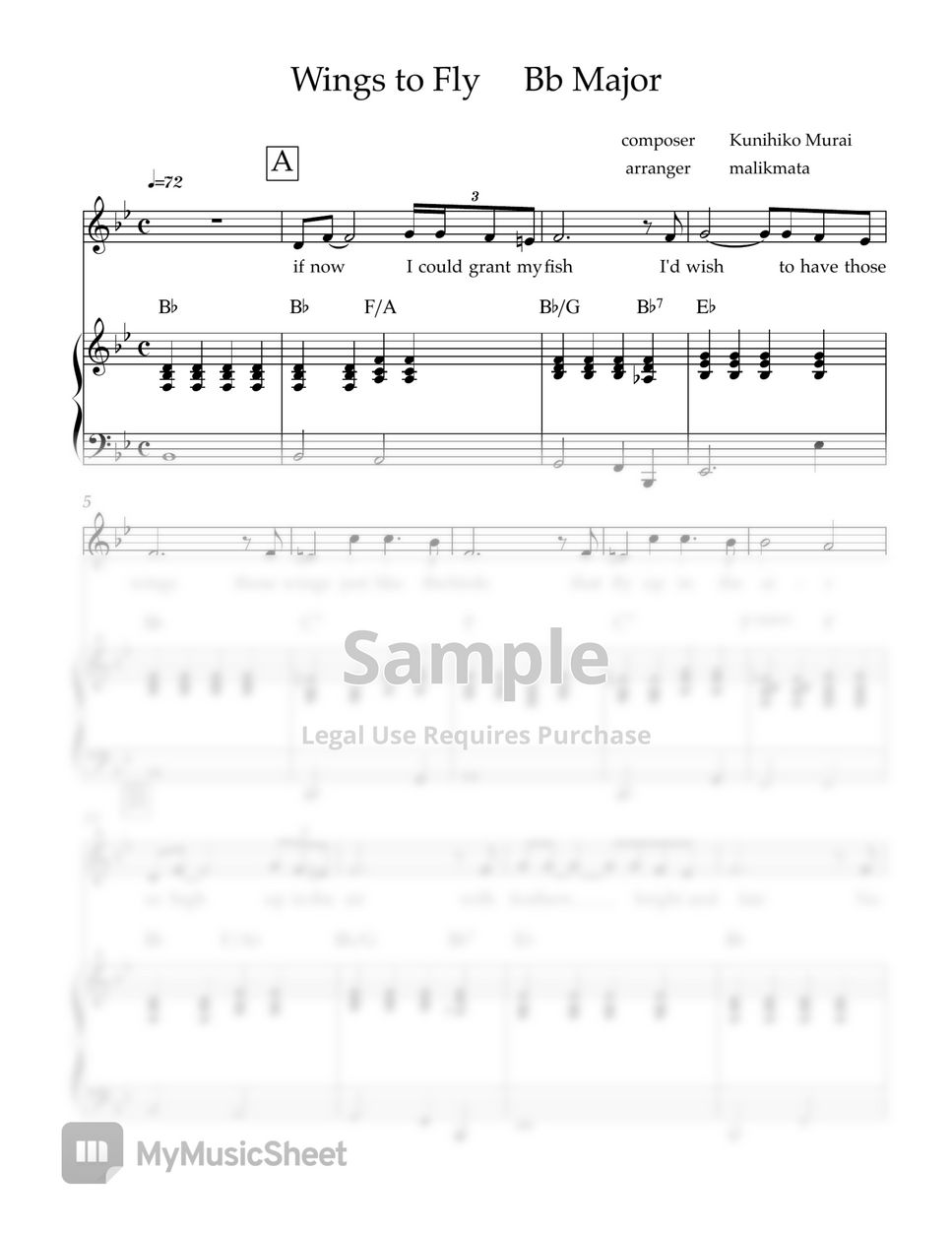 Kunihiko Murai WIngs to Fly (key in Bb) Sheets by Malikmata
