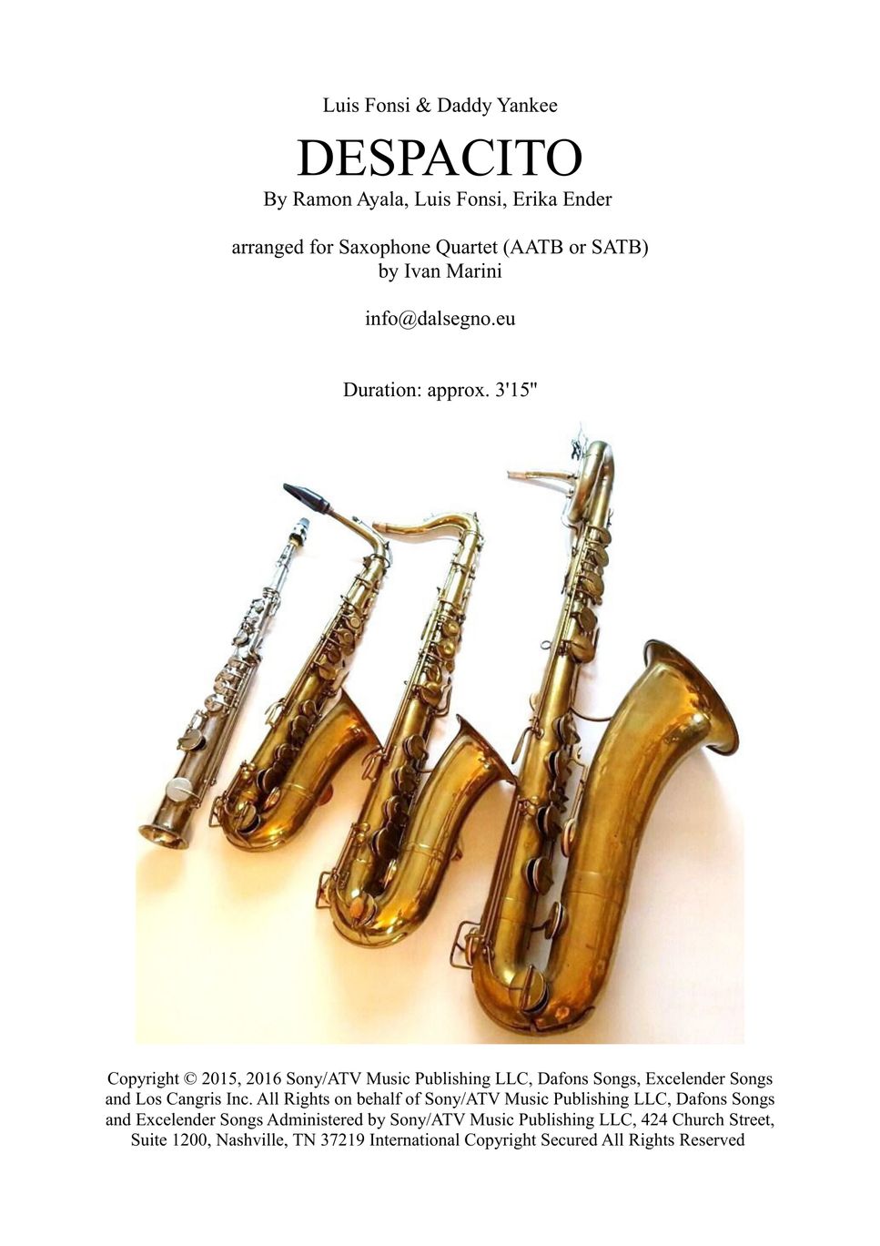 Luis Fonsi - DESPACITO (for Saxophone Quartet) Sheets by Ivan Marini