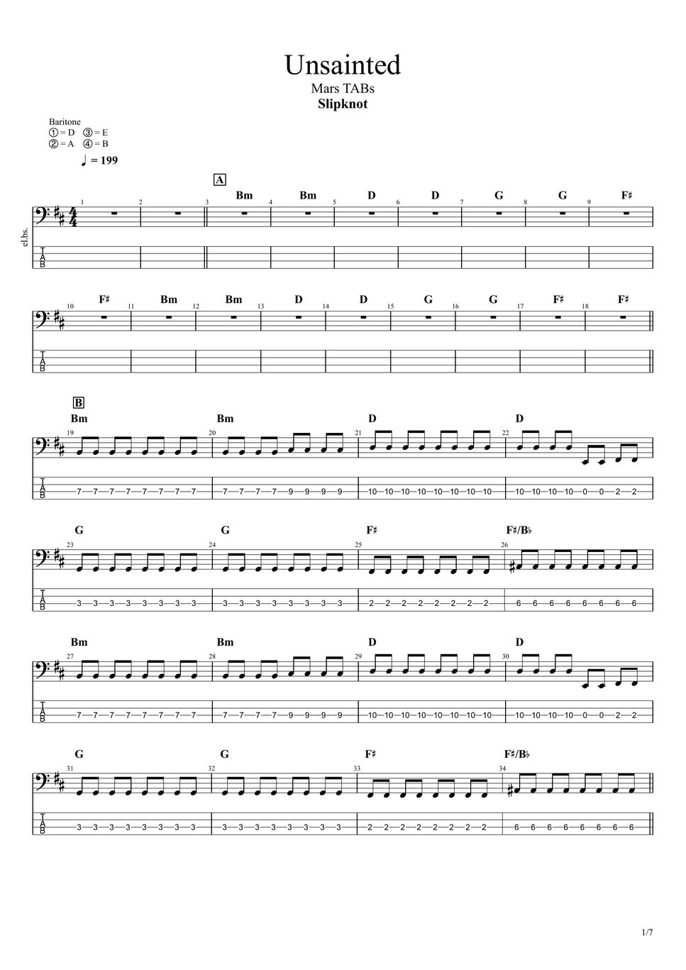 Slipknot - Unsainted (Bass TAB) Tab + 1staff By Mars TABs