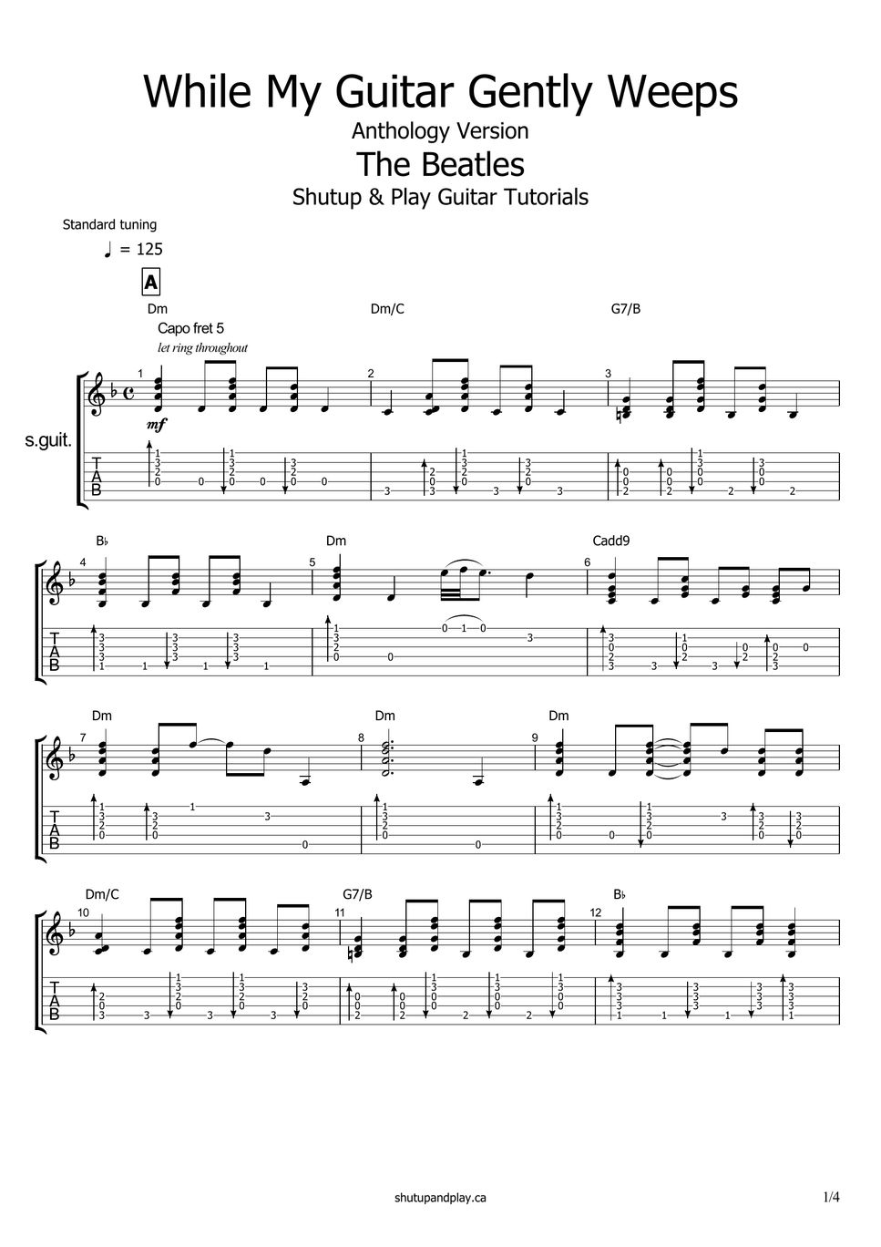 The Beatles While My Guitar Gently Weeps (Anthology Version) Tab + 1staff by Shutup & Play