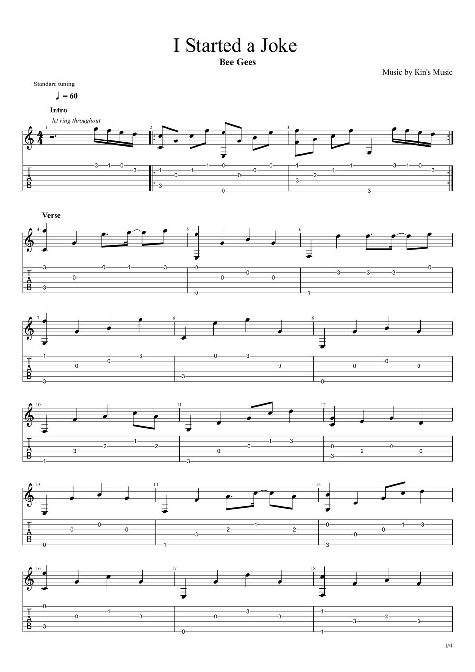 Bee gees i started a joke easy guitar fingerstyle for beginner