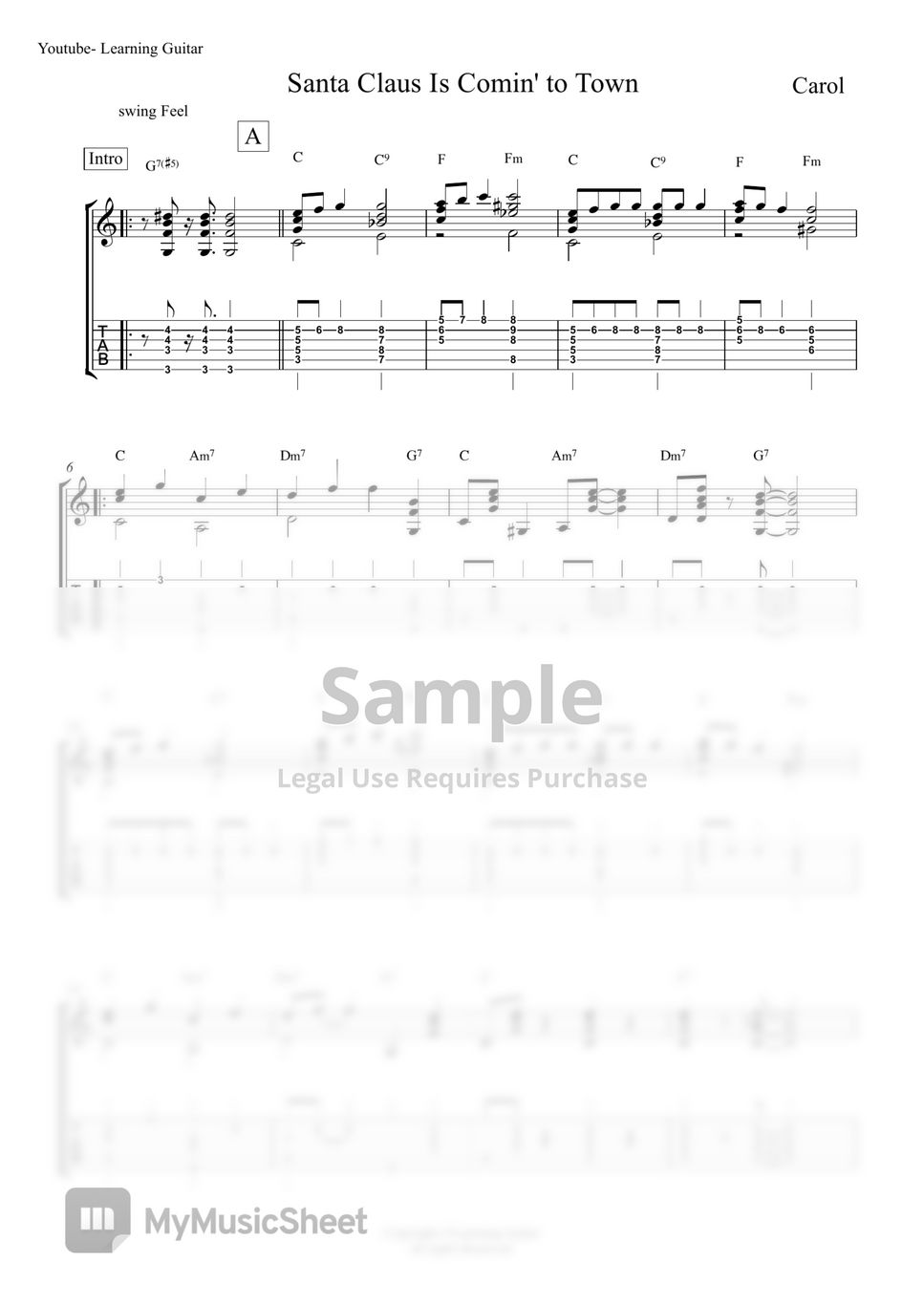 Carol - Santa Claus Comin' to Town (Fingerstyle TAB) by Learning Guitar