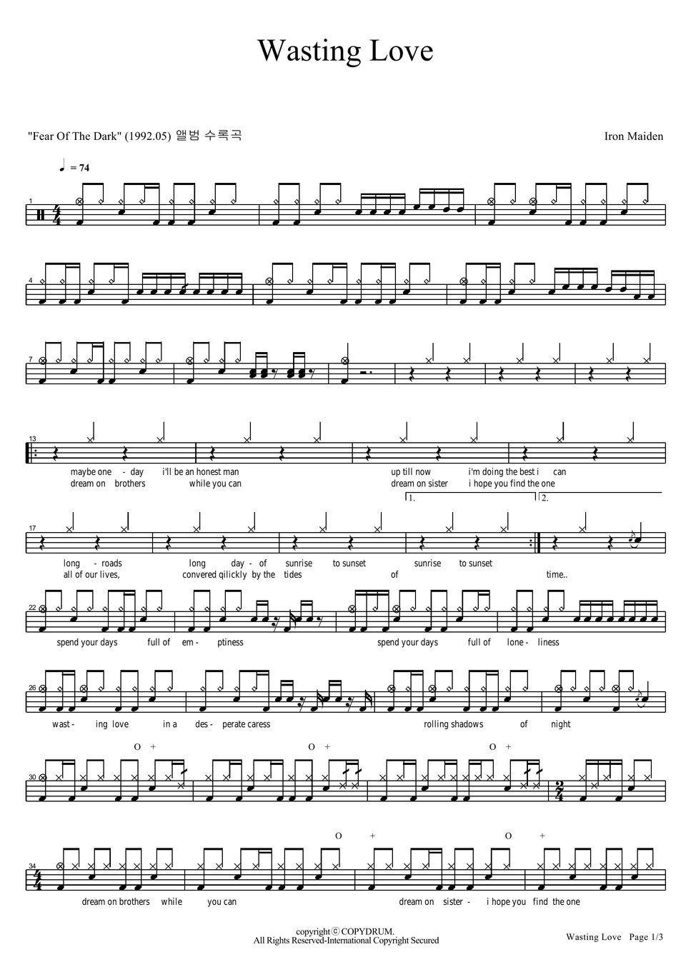 Iron Maiden Wasting Love Sheet by COPYDRUM