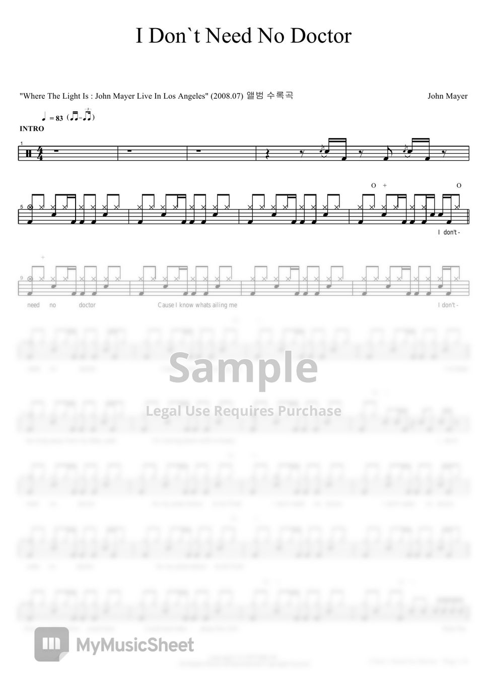 John Mayer - I Don't Need No Doctor Sheets by COPYDRUM