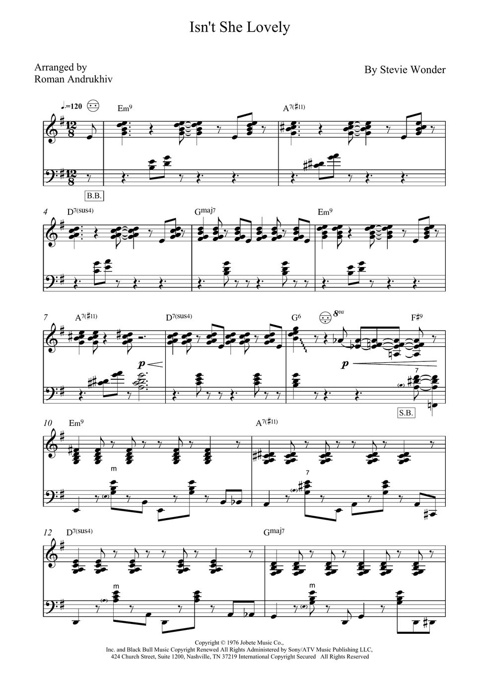 Stevie Wonder Isn T She Lovely Original Jazz Arrangement For Solo Accordion Sheet By Roman