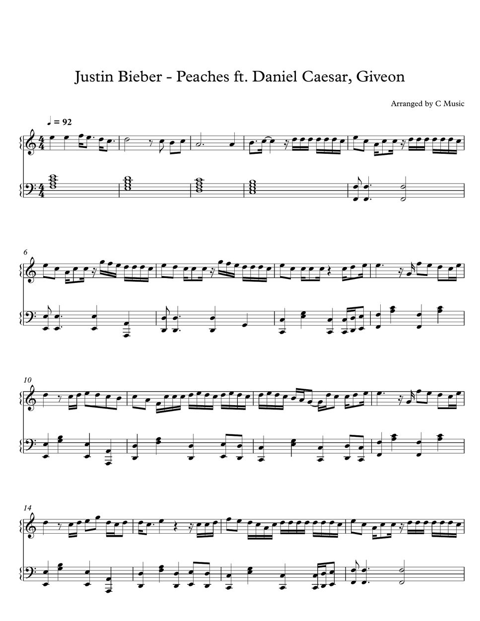 Justin Bieber ft Daniel Caesar, Giveon Peaches 악보 by C Music