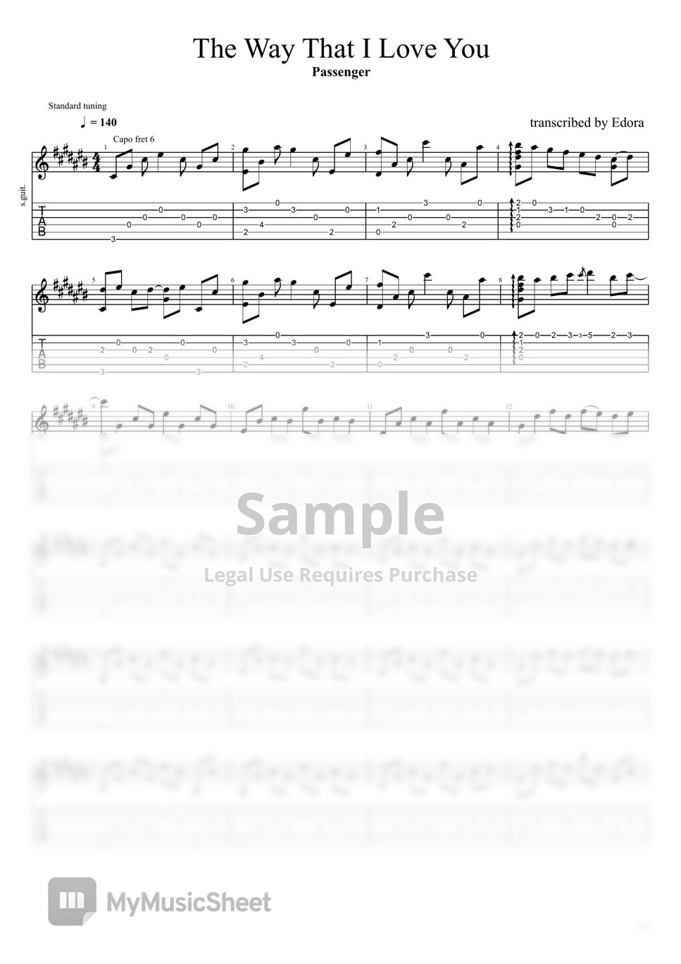 Passenger - The Way That I Love You (Fingerstyle Guitar Transcription, Standard Tuning, Capo 6th fret) by Edora