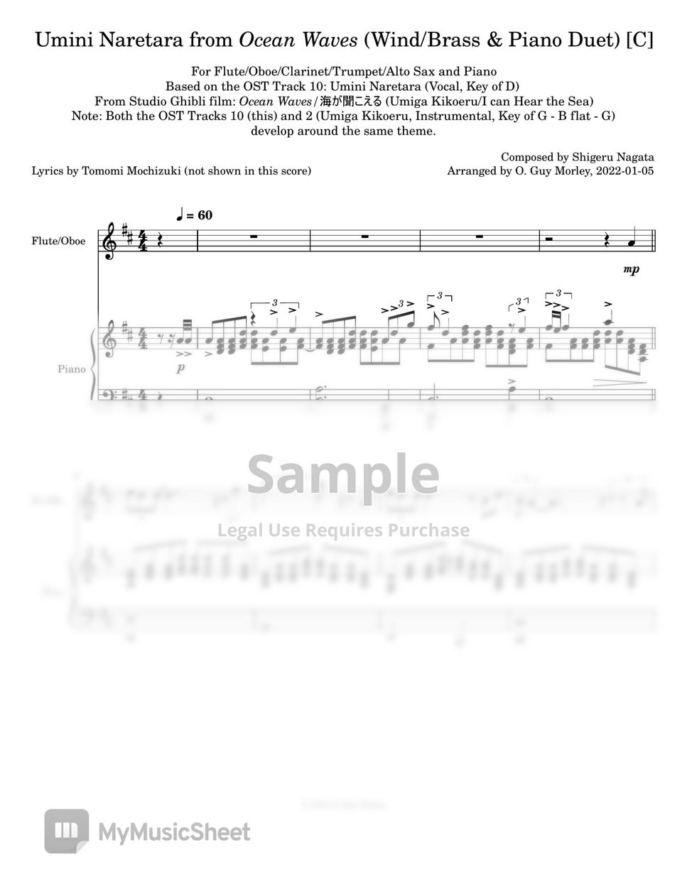 Ocean Waves/Umiga Kikoeru - Umini Naretara (Duet: Instrument/Voice + Piano) by O. Guy Morley