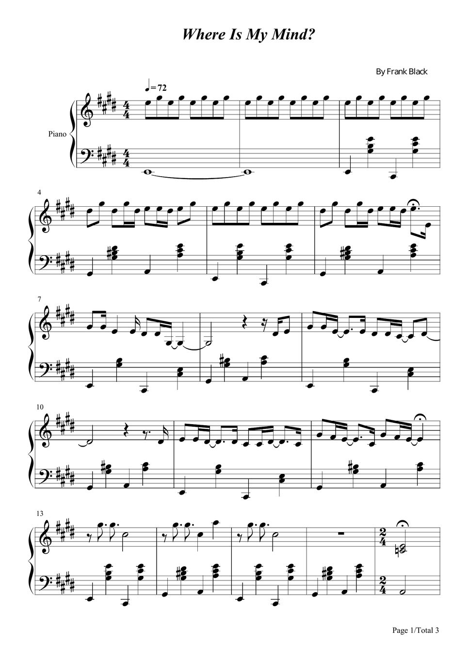 Frank black where is my mind pixies for easy piano sheet by poon