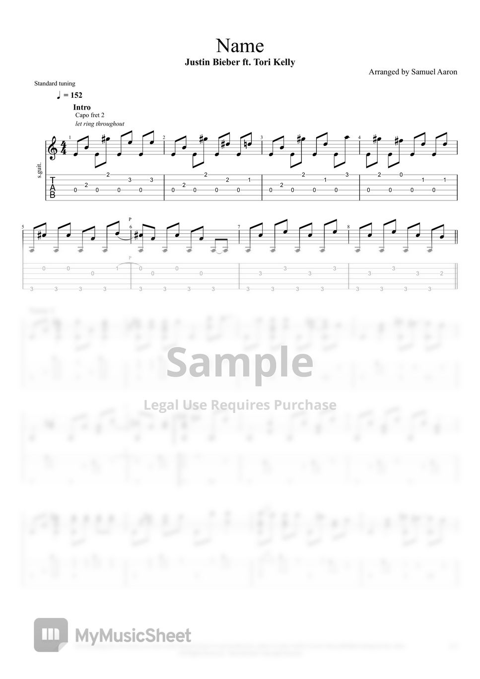 Justin Bieber Feat Tori Kelly Name Fingerstyle Guitar Tab Sheets By Samuel Aaron