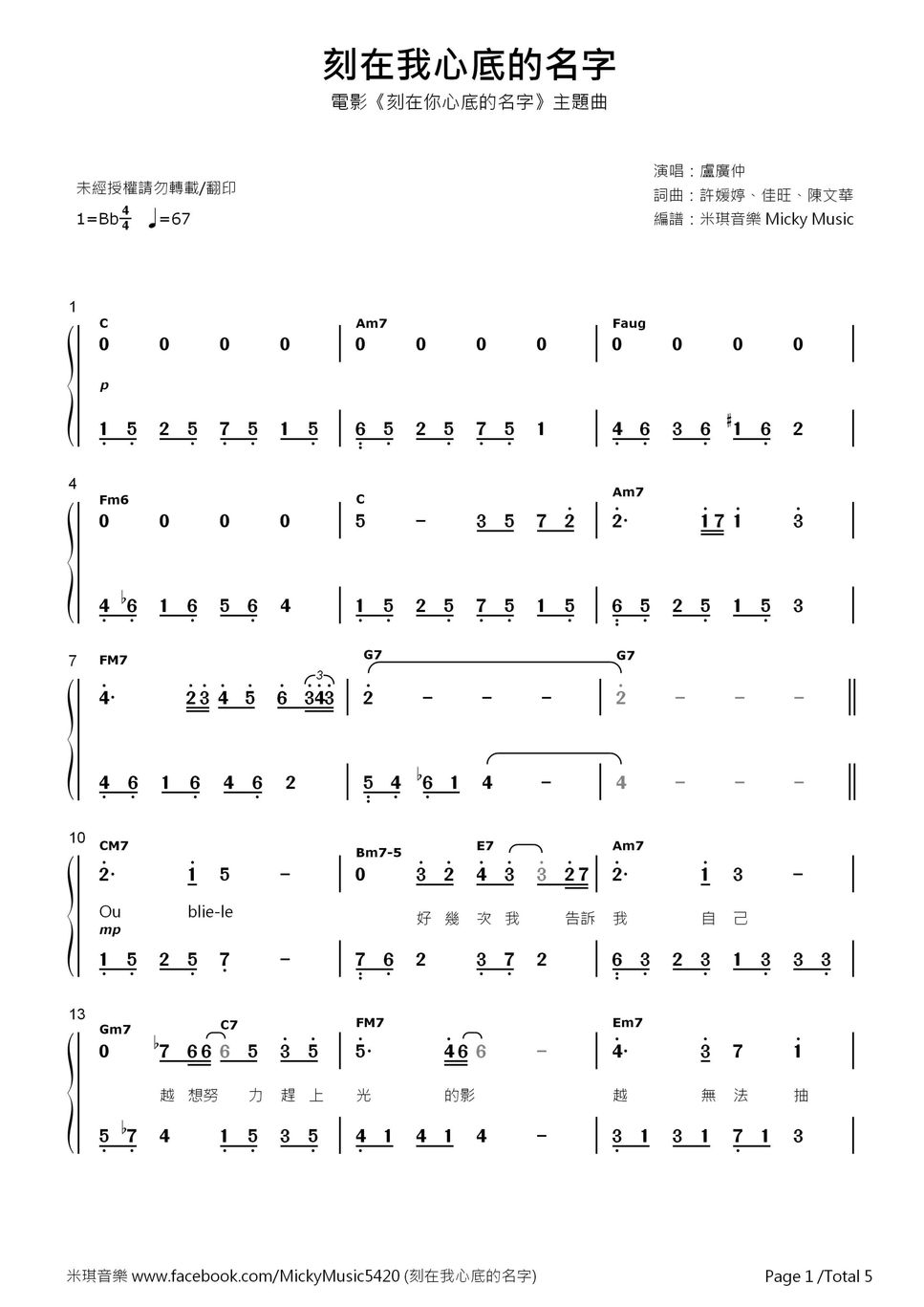 盧廣仲(Crowd Lu) - 刻在我心底的名字 (雙手簡譜) Sheets by MickyMusic