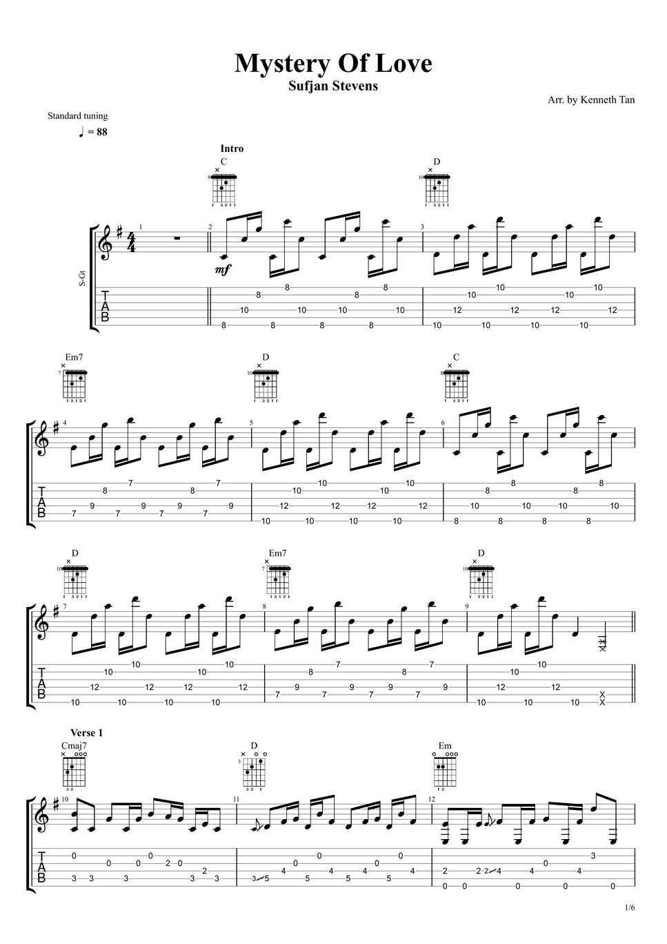 Sufjan Stevens Fingerstyle Guitar Mystery of Love TAB by Acoustic