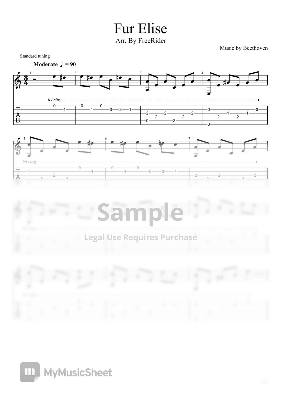 Beethoven Fur Elise (fingerstyle guitar 핑거스타일 기타) Sheets by FreeRider