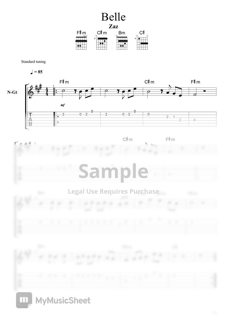 Zaz Belle Tab + 1staff by Mélodie et accords pour guitare, piano