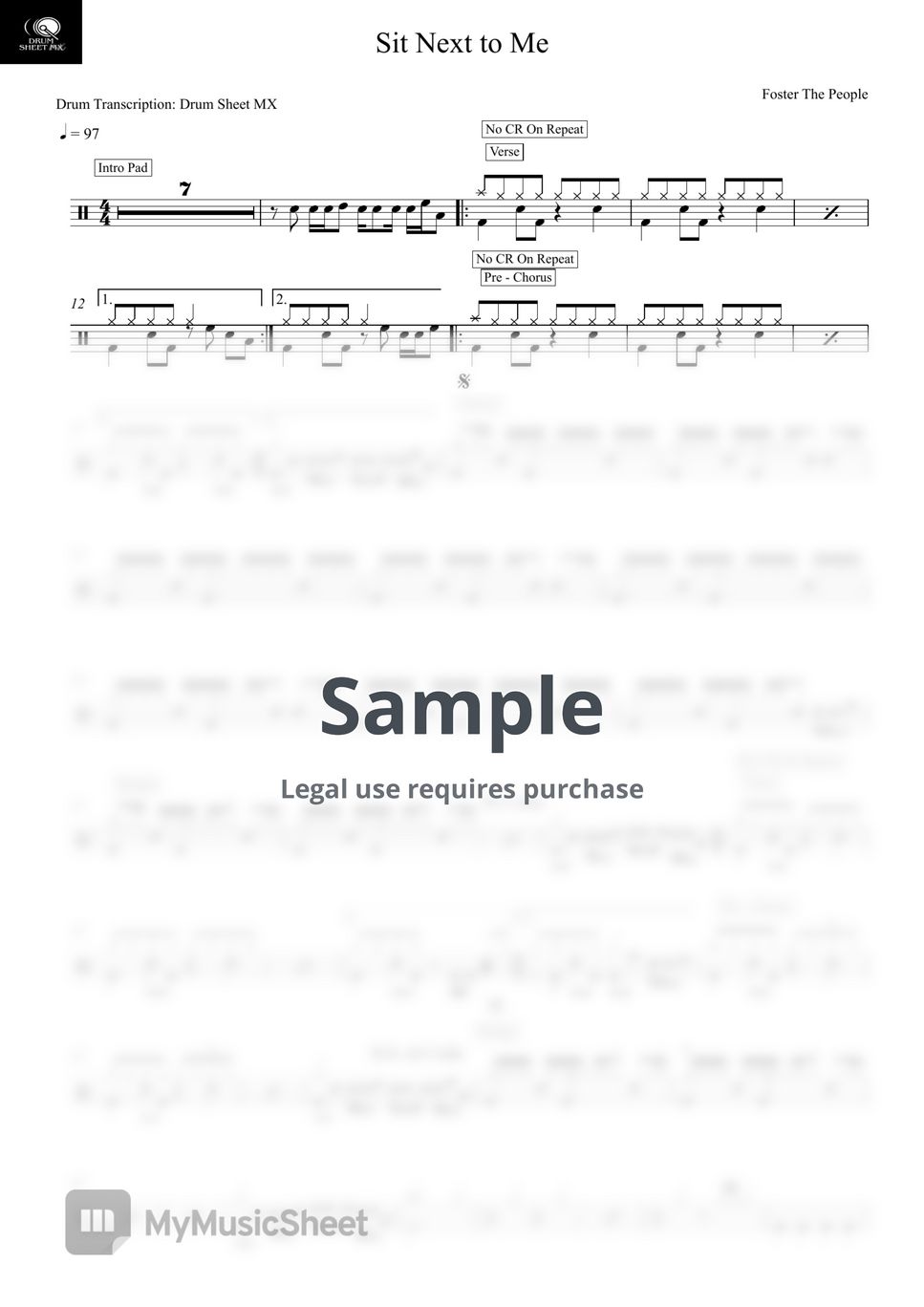 Foster The People Sit Next to Me Sheets by Drum Transcription Drum Sheet MX