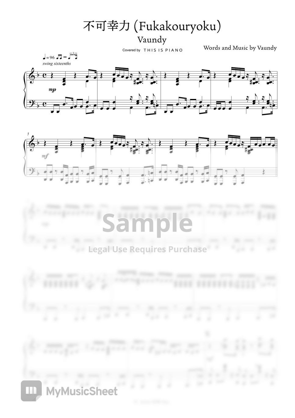 Vaundy fukakouryoku sheets by this is piano