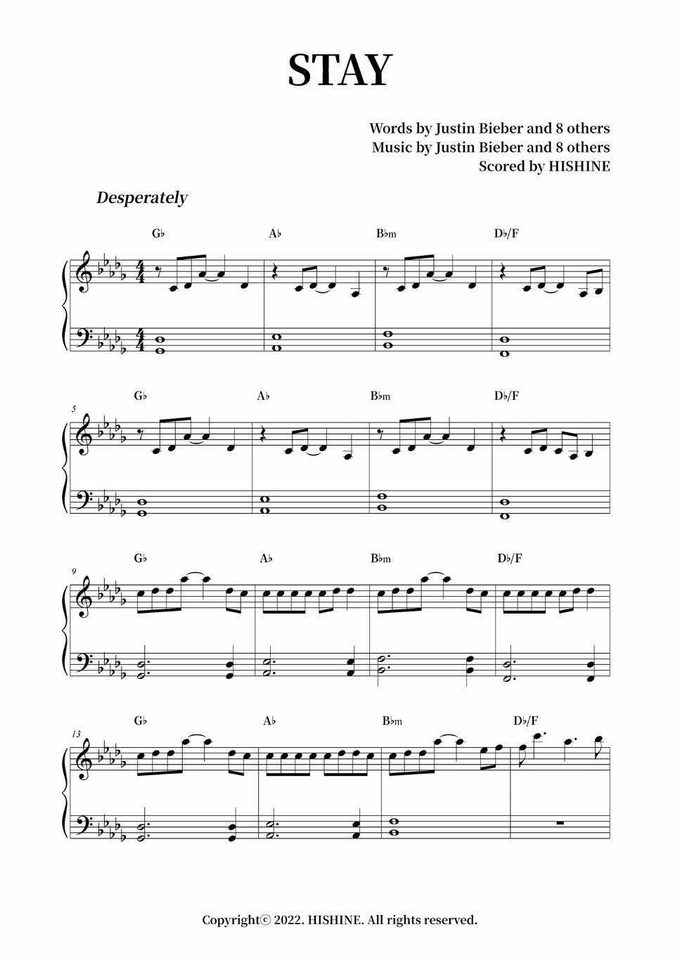 Justin Bieber, The Kid LAROI STAY Partitura by HISHINE