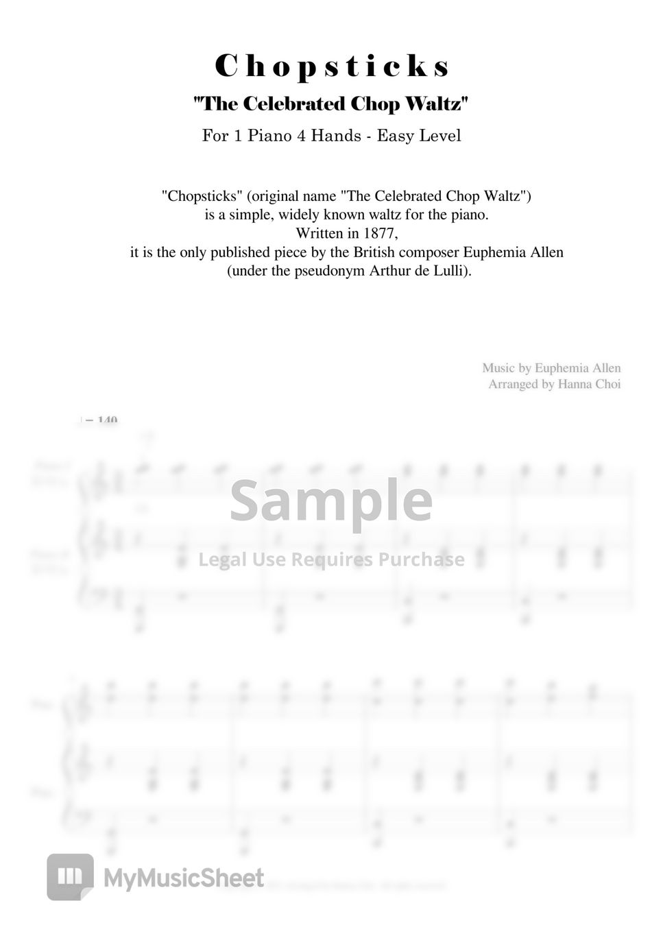 de Lulli - Chopsticks (젓가락 행진곡)- 피아노 듀엣 (1Piano 4 Hands) (Easy Level) by HANNA