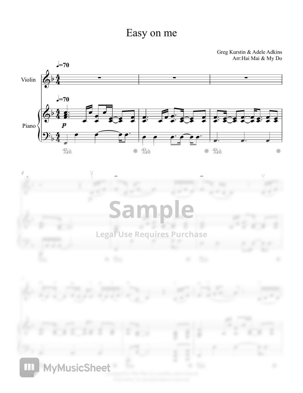 Adele easy on me for violin solo and piano accompaniment sheets by