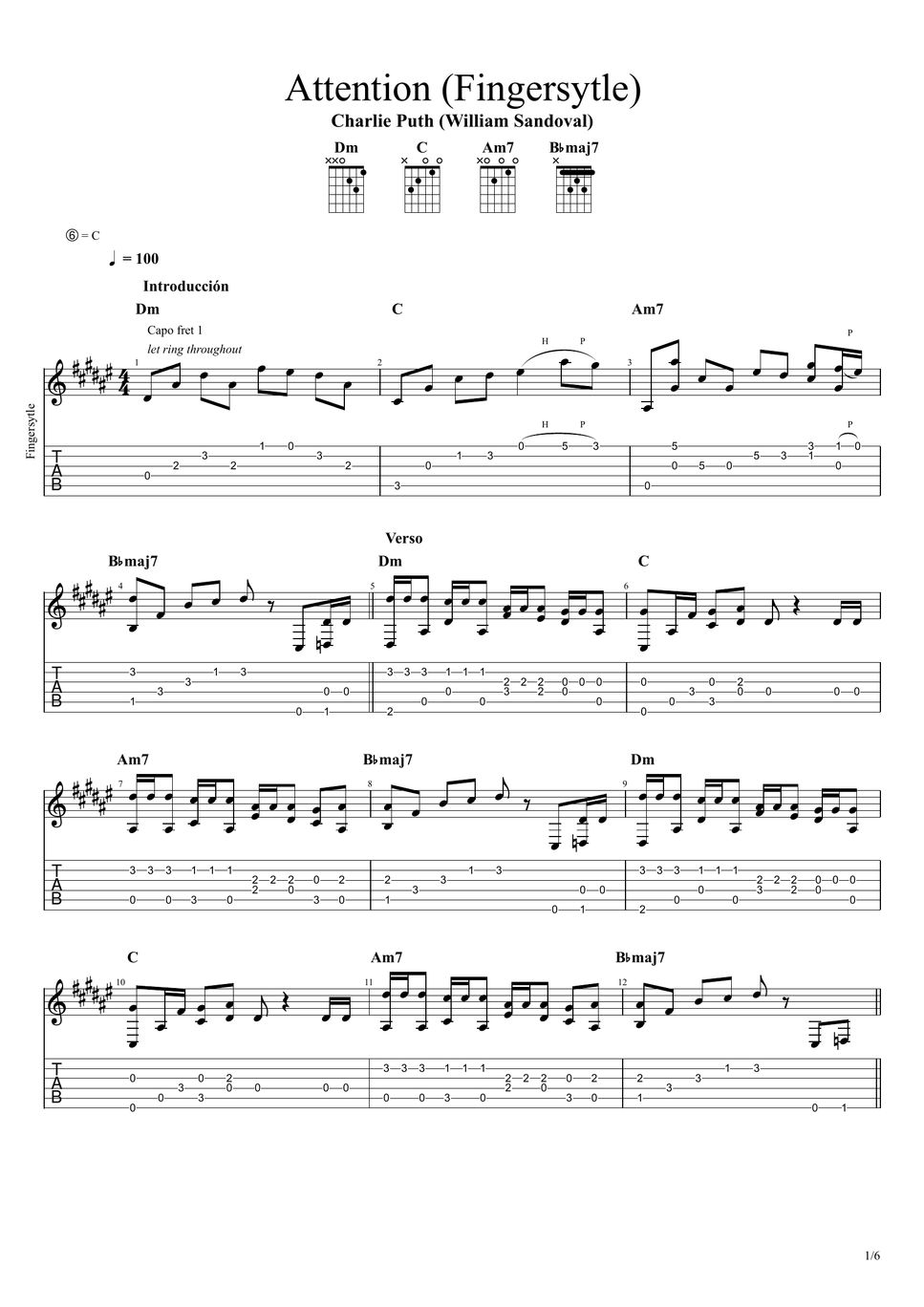 Charlie Puth Attention (Fingerstyle) Tab + 1staaf by William Sandoval